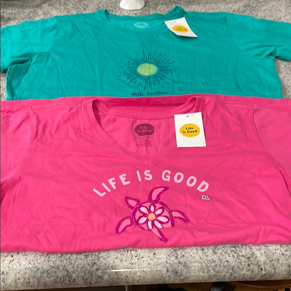 Life Is Good Pink and Green Short Sleeve Tees